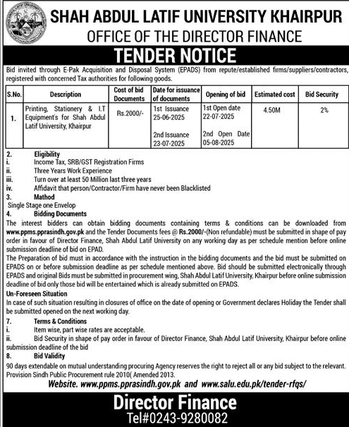 Shah Abdul Latif University Khairpur Tender Notice